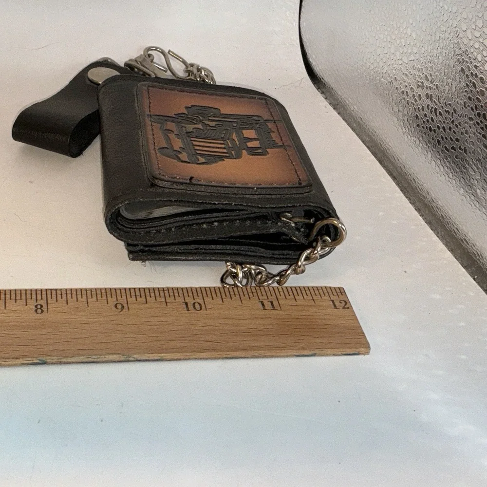 Genuine Leather Tri-fold Black Biker Wallet On Chain Pic Of Semi Truck